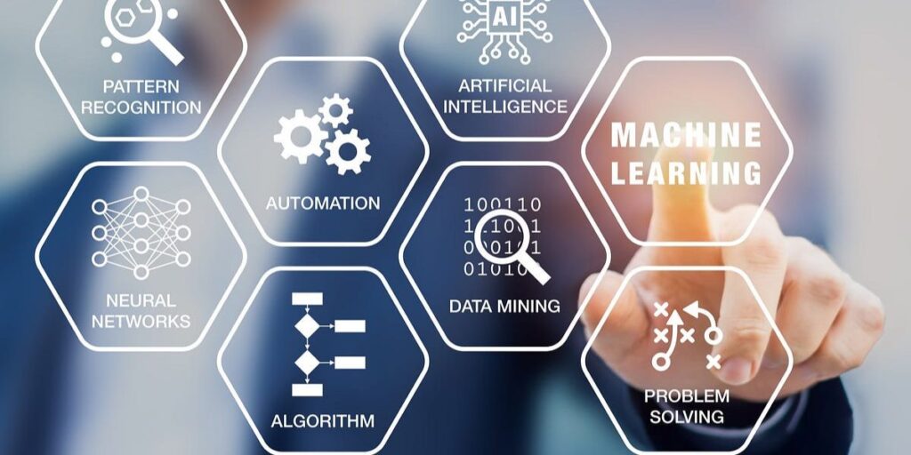Hand touching a screen with a grid of hexagons representing AI concepts like Machine Learning, Data Mining, and Automation