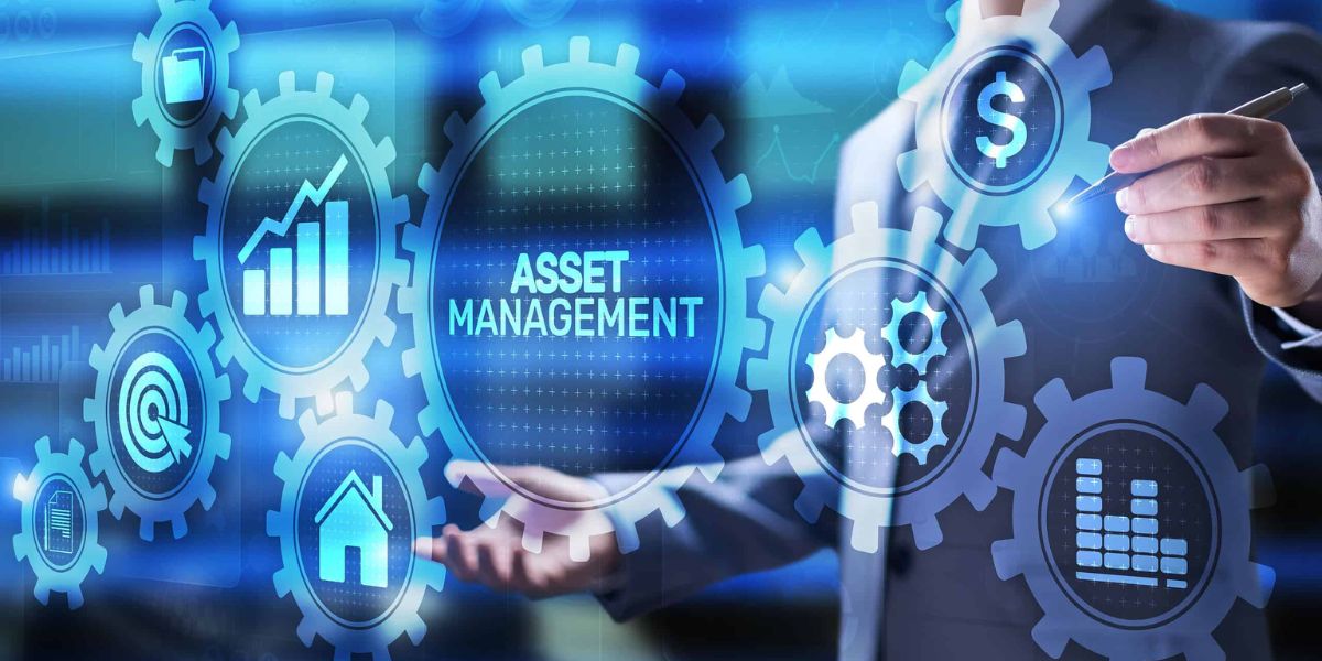 Digital graphic of interconnected gears, with a central one labeled "ASSET MANAGEMENT," being pointed at by a person