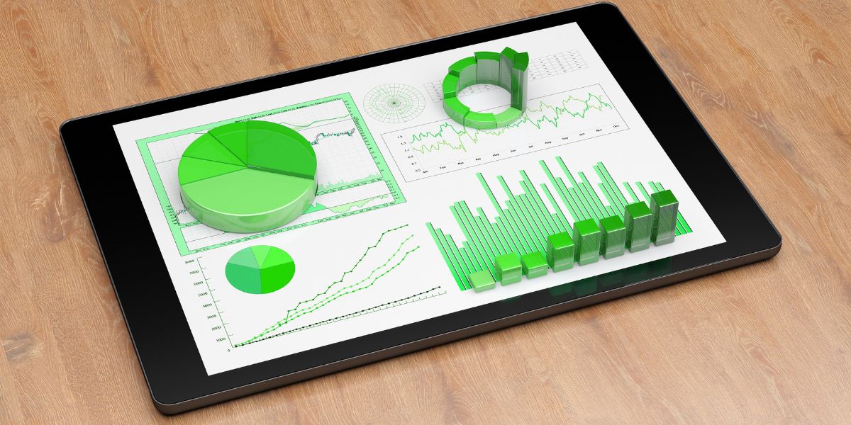A tablet displaying various green charts, graphs, and a 3D bar graph for sustainability reporting