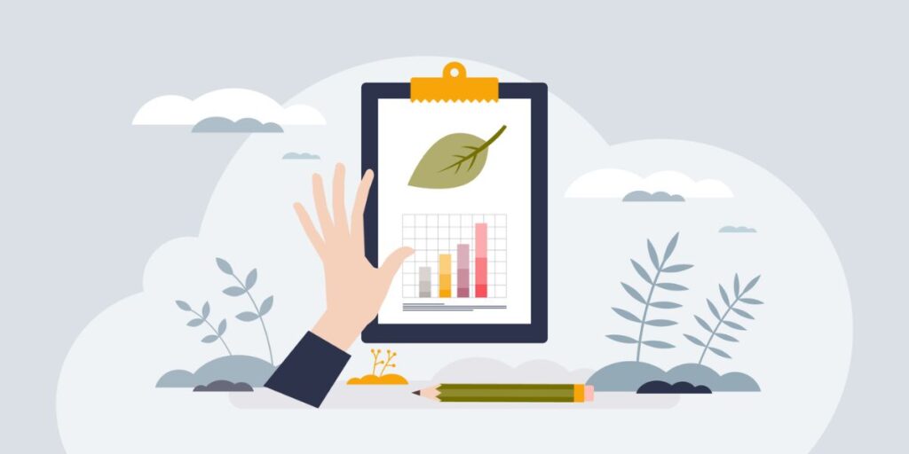 Illustration of a hand reaching toward a clipboard with a leaf and bar chart for sustainability reporting