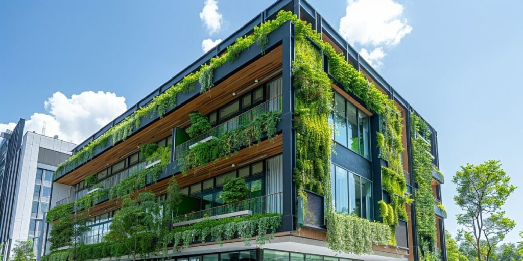 Modern building with glass and dark frame, extensively covered in lush green vertical gardens and vegetation