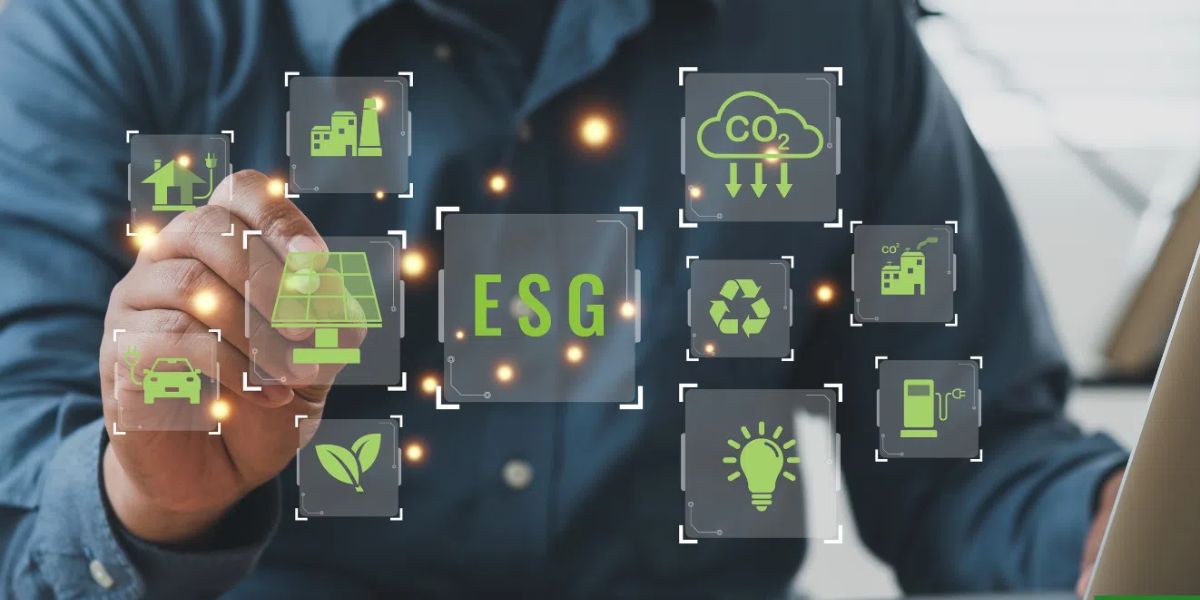 A person interacts with a holographic display showing the letters ESG surrounded by green environmental icons